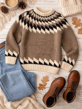 Vintage Icelandic Wool Sweater Nordic Fair Isle Fisherman Knit Cozy Oversized